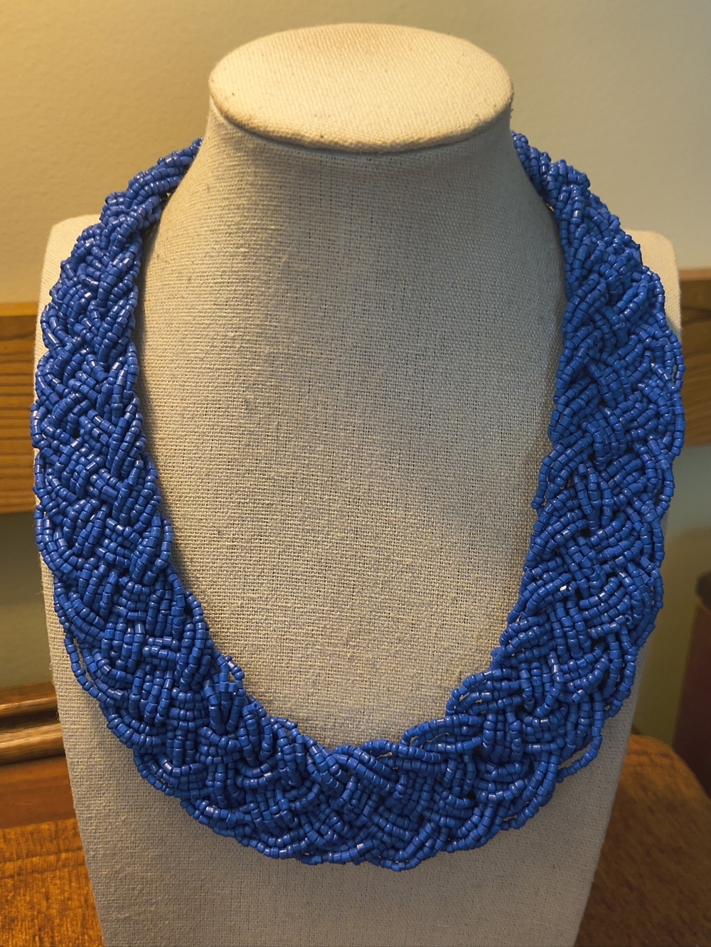 Vtg Braided Cobalt Blue Glass Seed Bead Silver Tone Necklace